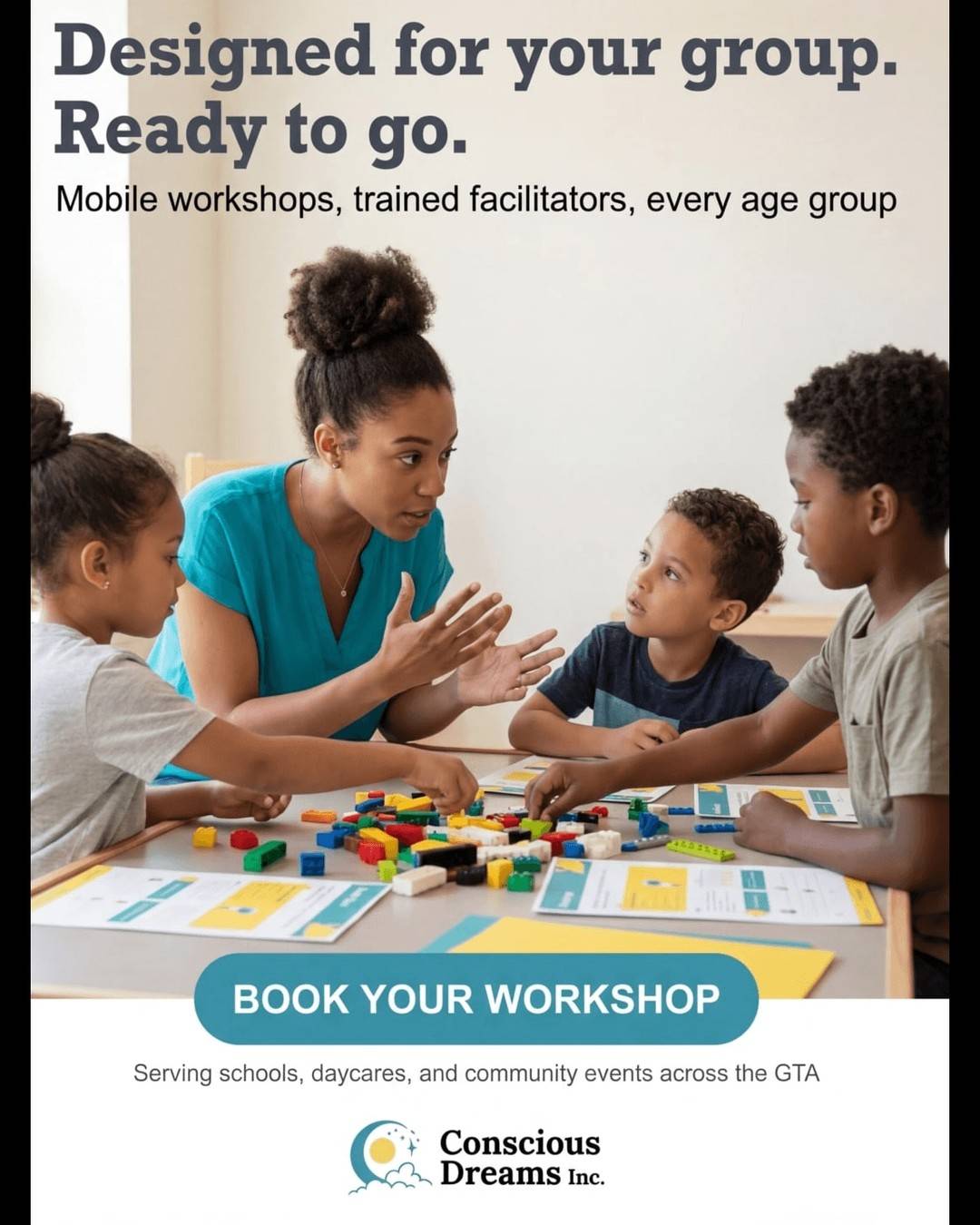 What makes a Conscious Dreams Inc. workshop truly different on the day? Trained facilitators, tailored activities by age and group size, and on-site convenience. It's all designed so kids have more room to connect, play, and grow—without extra work for you.