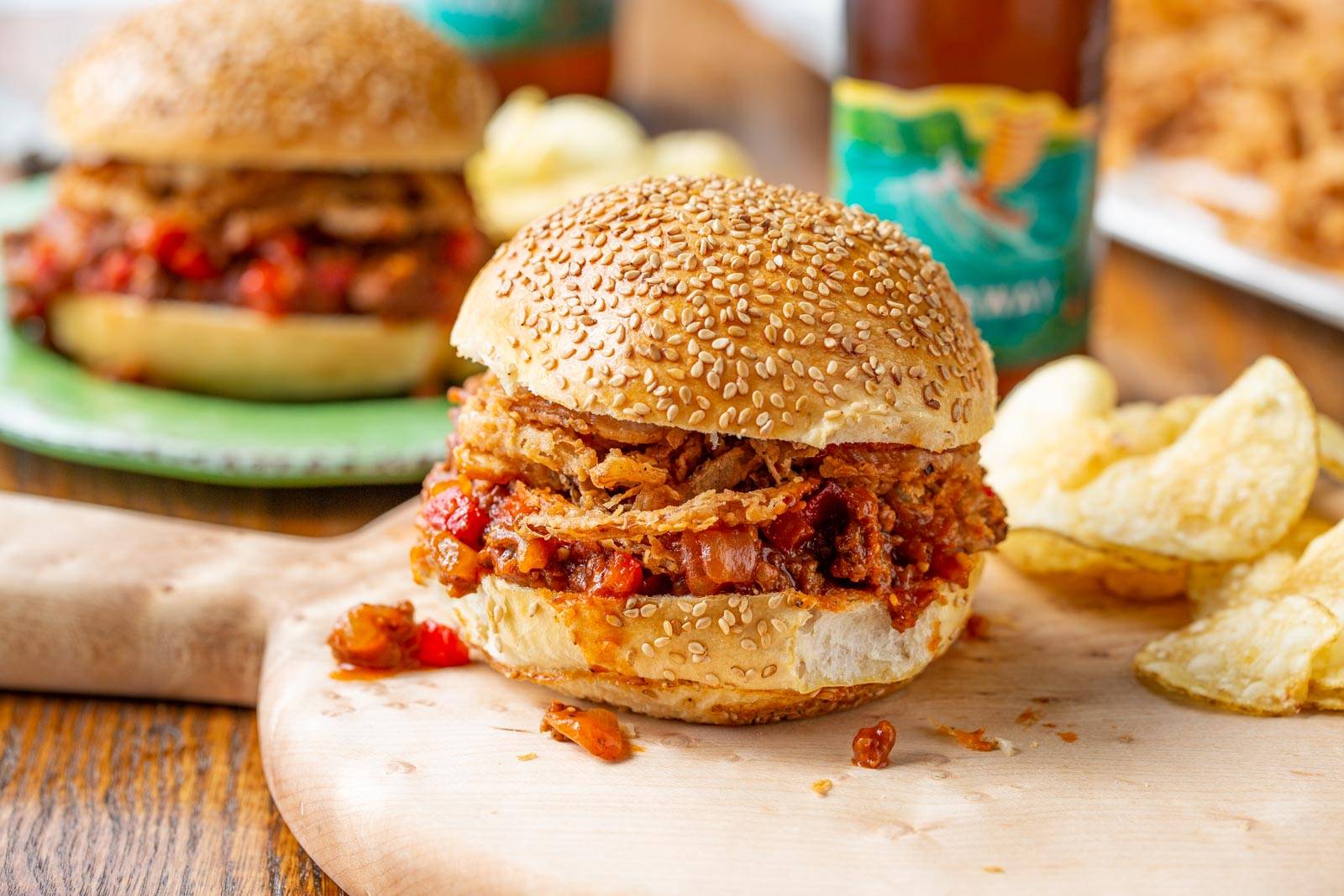 A sloppy joe topped with spicy crispy onions