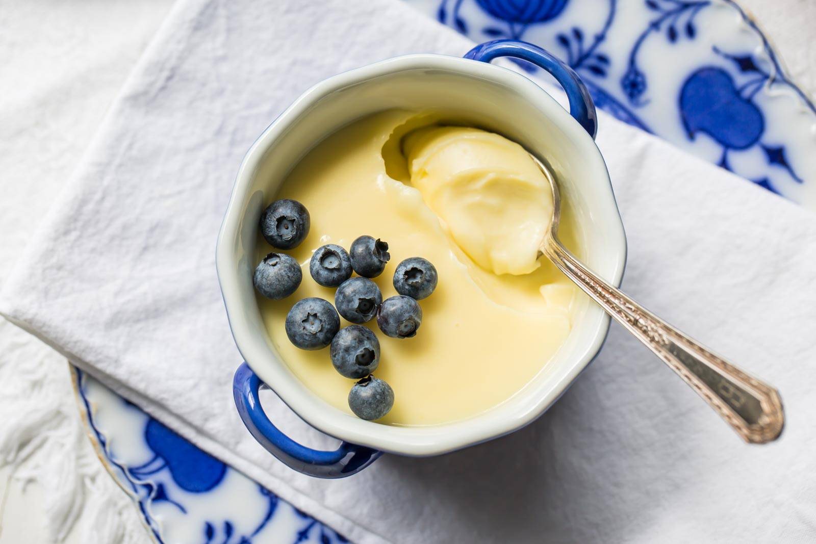 An overhead view of a bowl of lemon posset