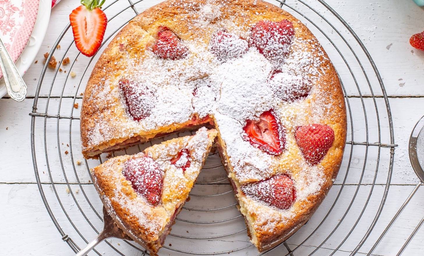 Overhead view of a strawberry breakfast cake