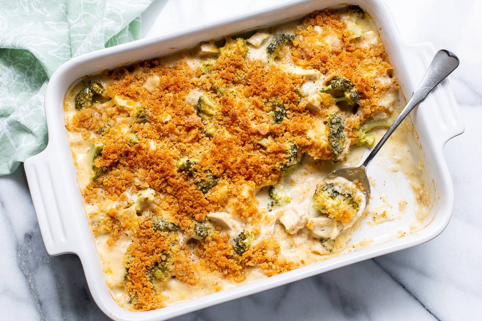 A casserole dish filled with Chicken Divan