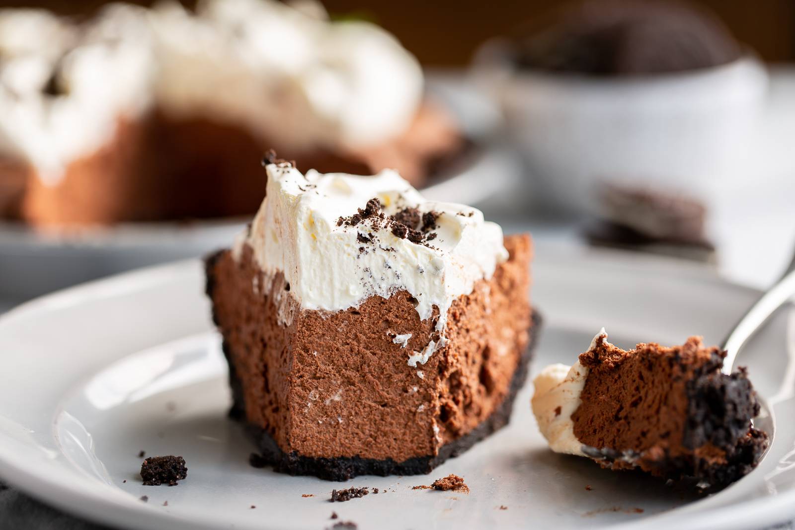 A slice of Chocolate Icebox Pie on a plate