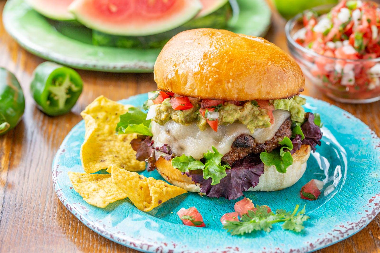 Cheesy Grilled Taco Burgers with Guacamole