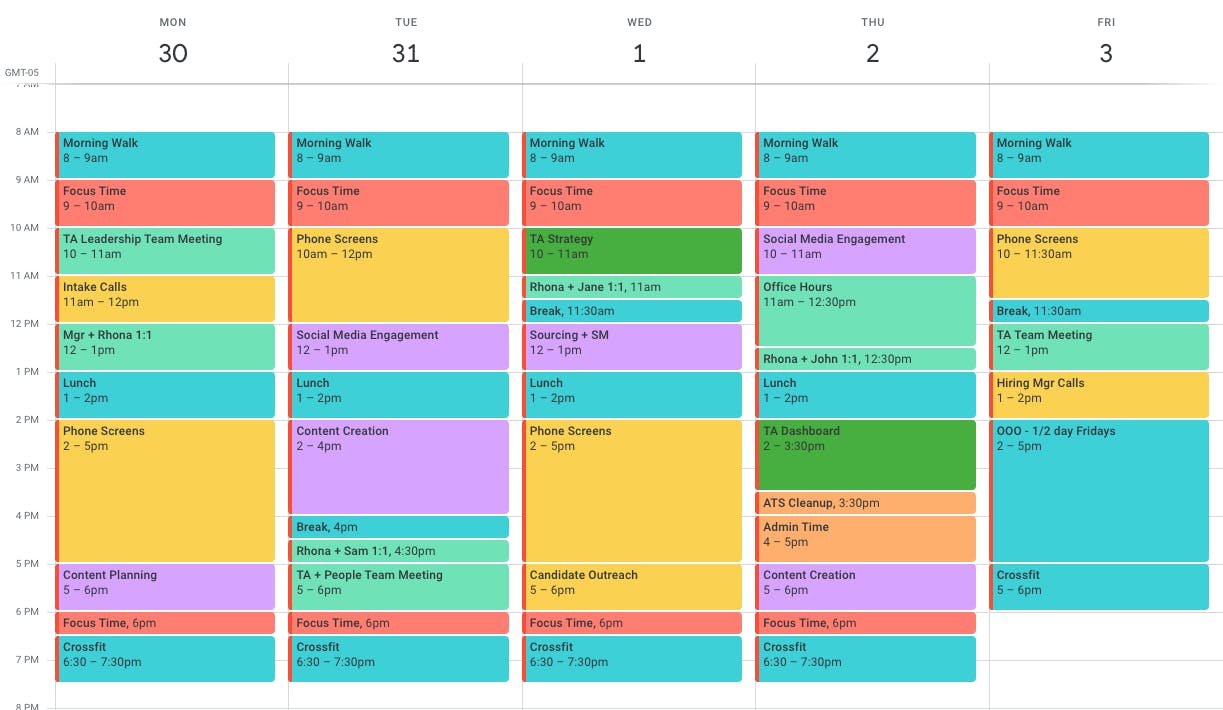 Screenshot of Rhona's calendar showing blocks for different task types