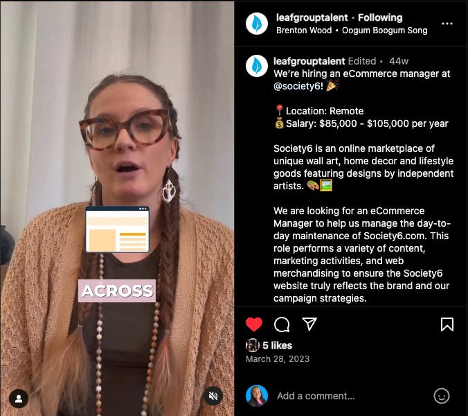 Screenshot of Instagram post sharing the Hiring Manager's video
