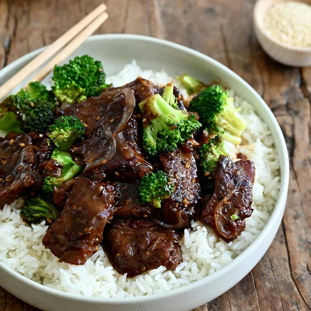 Easy beef and broccoli over white rice.