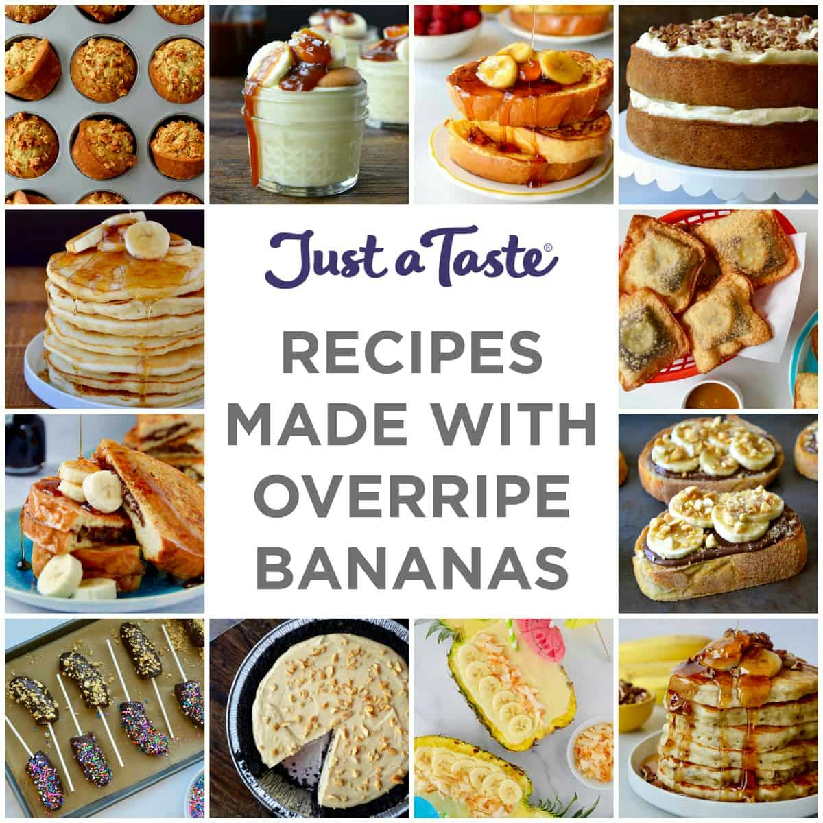 Collage of recipes from breakfast through dessert made with overripe bananas.