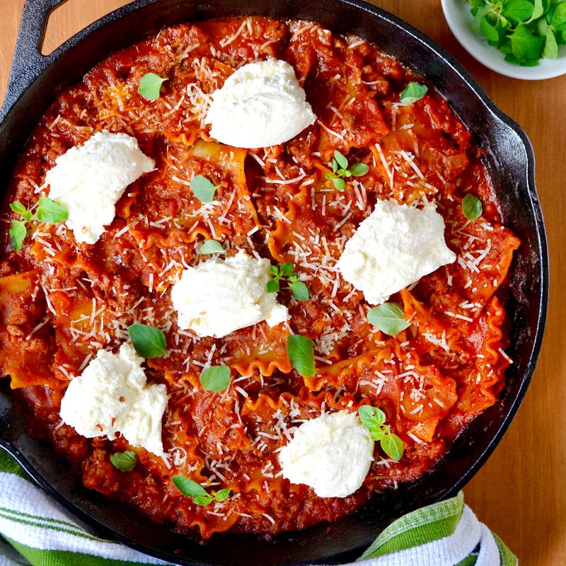 Skillet lasagna with ricotta cheese.