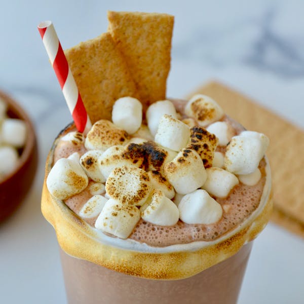 S'mores milkshake topped with roasted mini marshmallows.