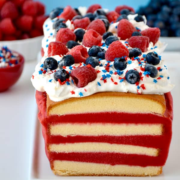 Ice cream cake made with layers of raspberry sorbet and pound cake.