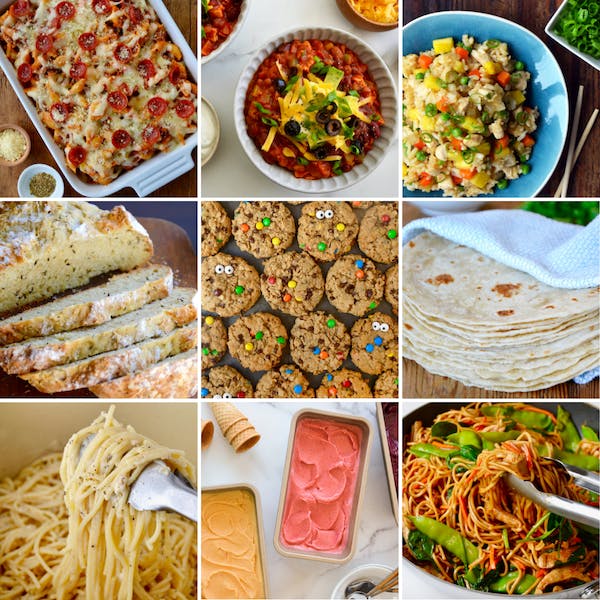 A collage of recipes that can be made with pantry staples.