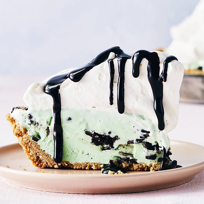 Mint chocolate chip ice cream pie with a waffle cone crust.