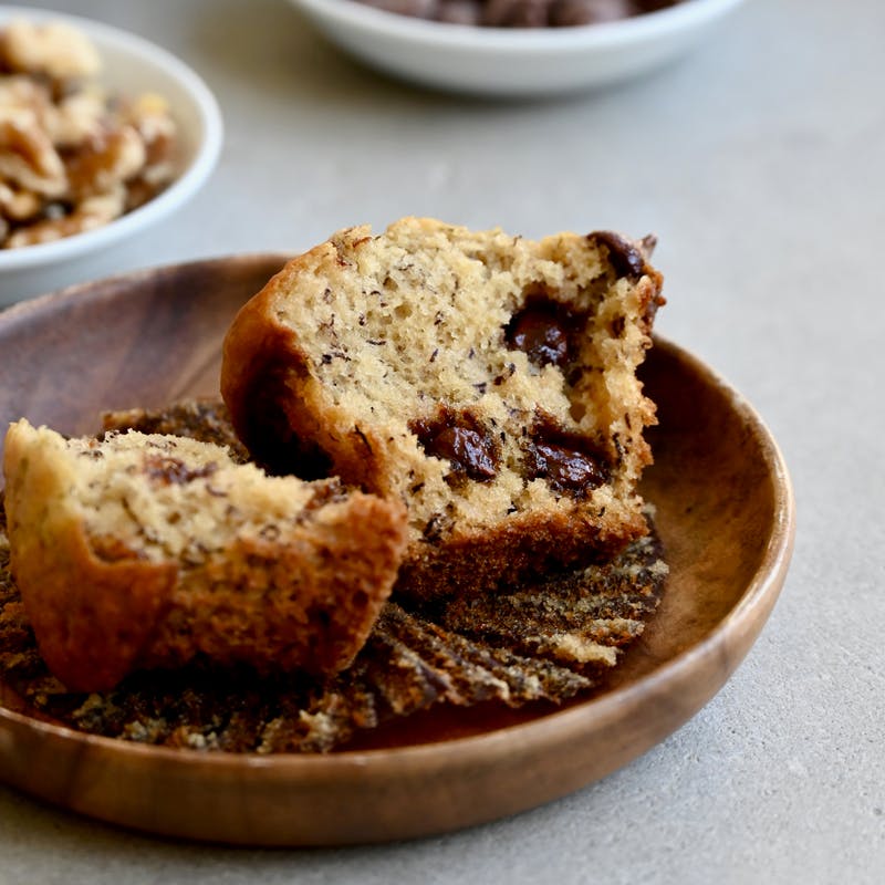 Greek yogurt banana muffins with chocolate chips.