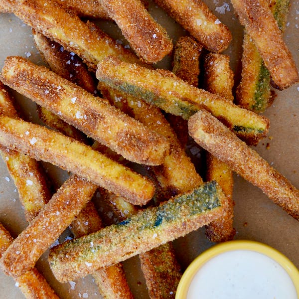 Zucchini fries with large-flake sea salt.