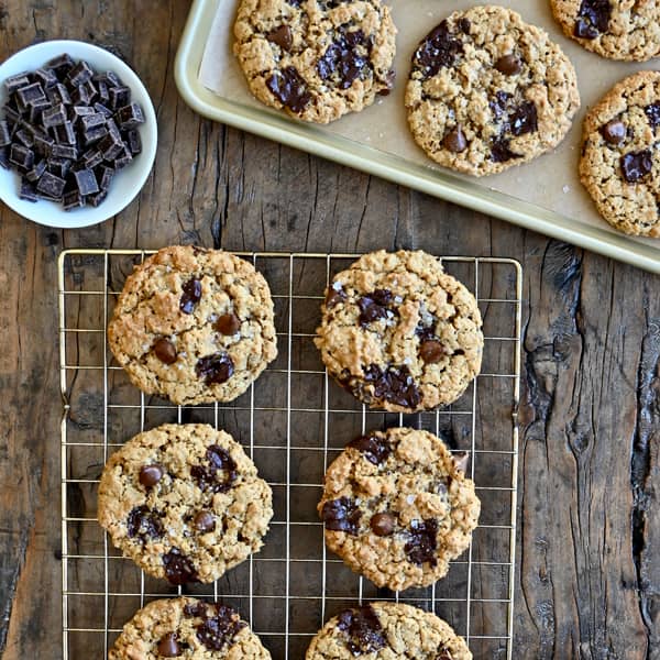 Flourless oatmeal cookies studded with chocolate chips and chunks.