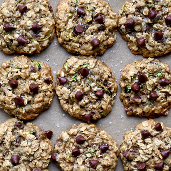 Zucchini oatmeal cookies with chocolate chips and large-flake sea salt.