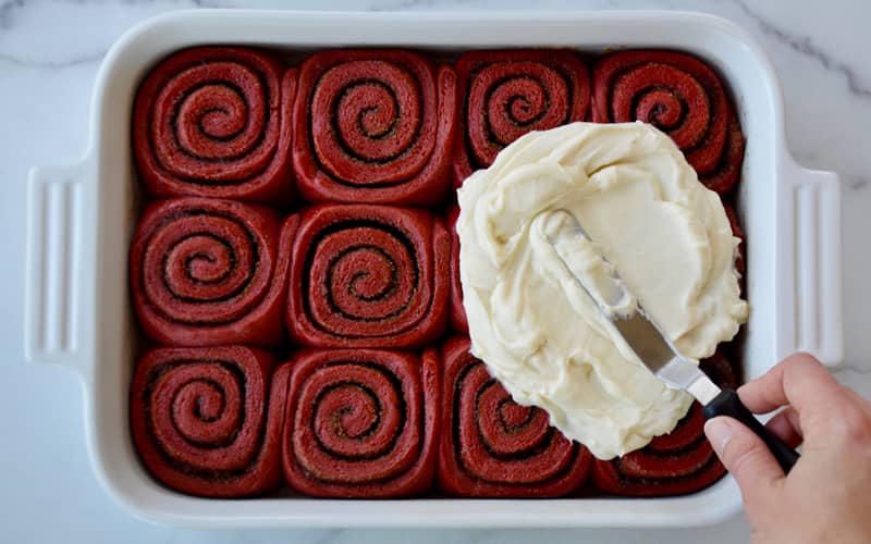 Red Velvet Cinnamon Rolls with Cream Cheese Frosting
