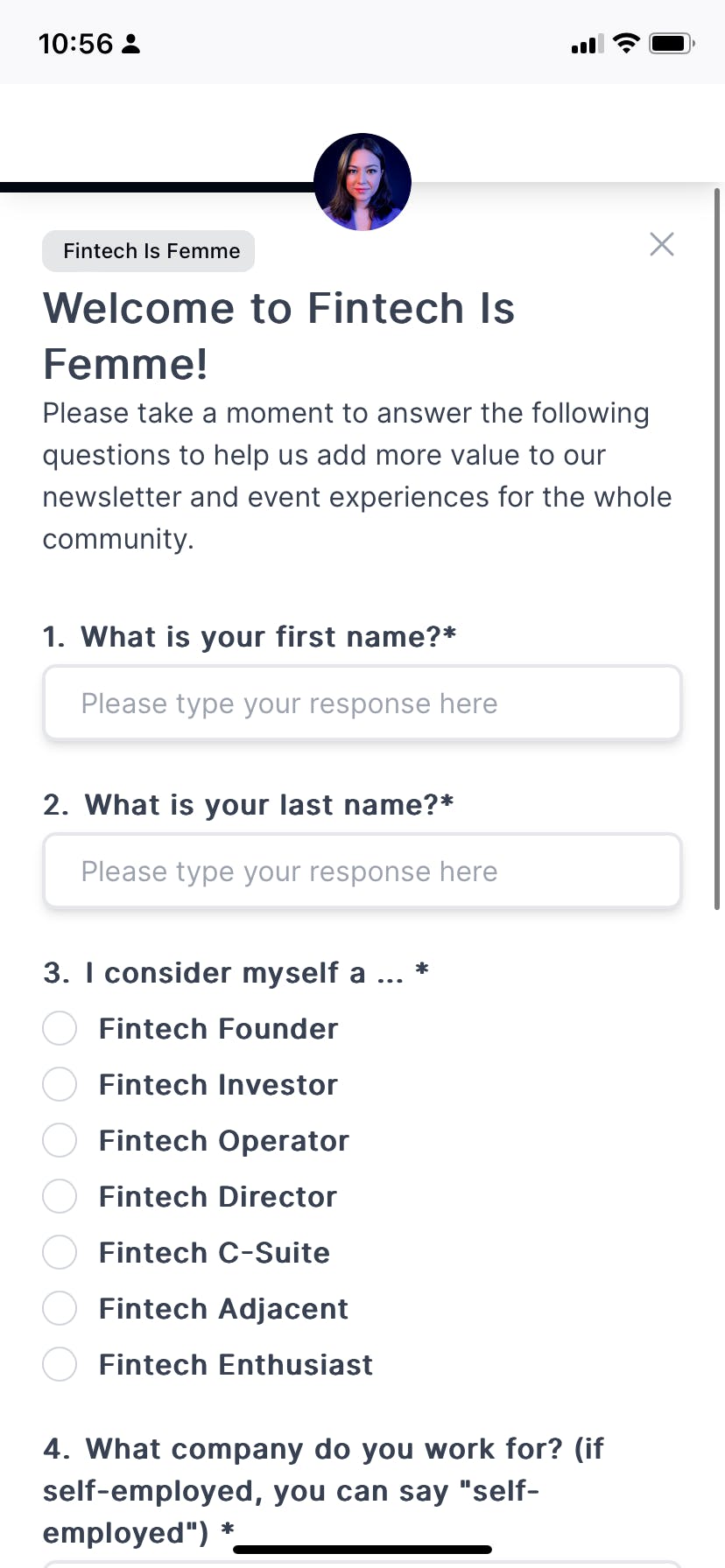 A screenshot of a survey presented to new subscribers of Fintech is Femme. 