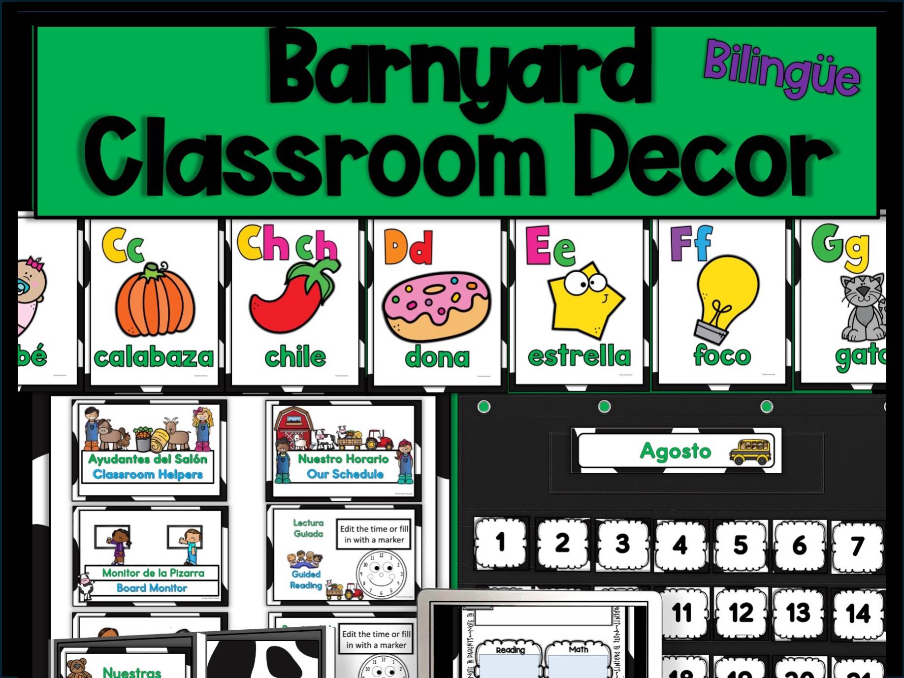 Image of Bilingual K-2 Classroom Decor set with a Barnyard theme.