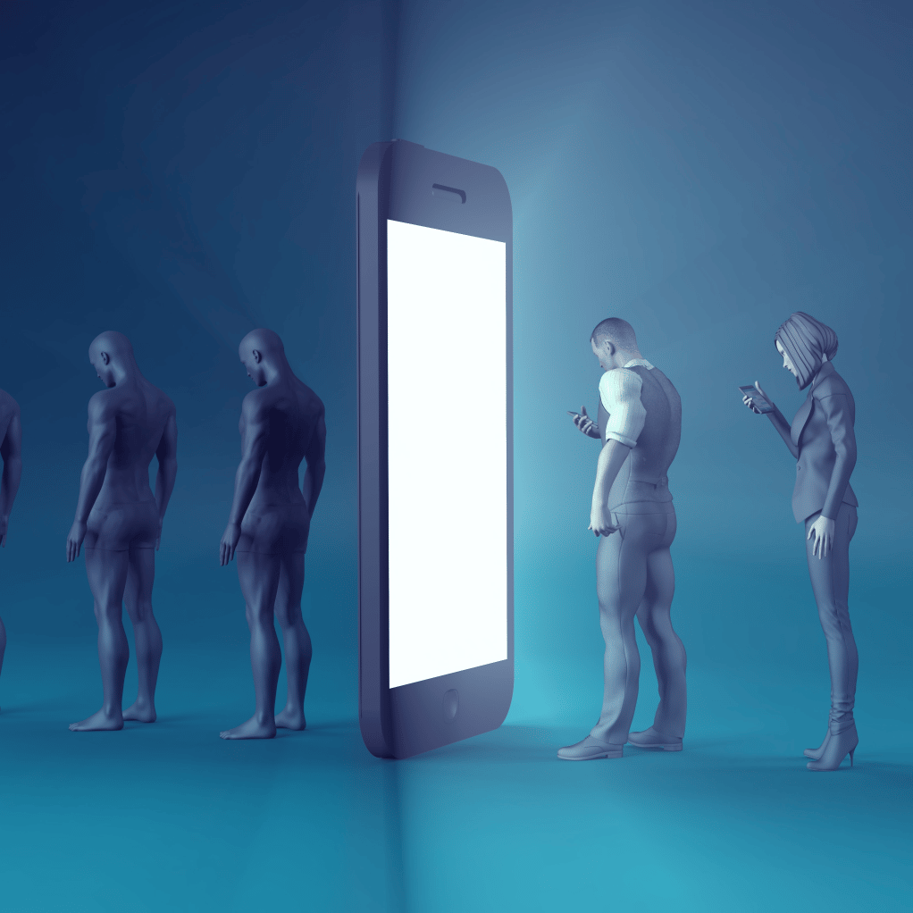 AI-generated image of people lining up looking at their phones, stepping though a mobile phone screen and turning into robots.