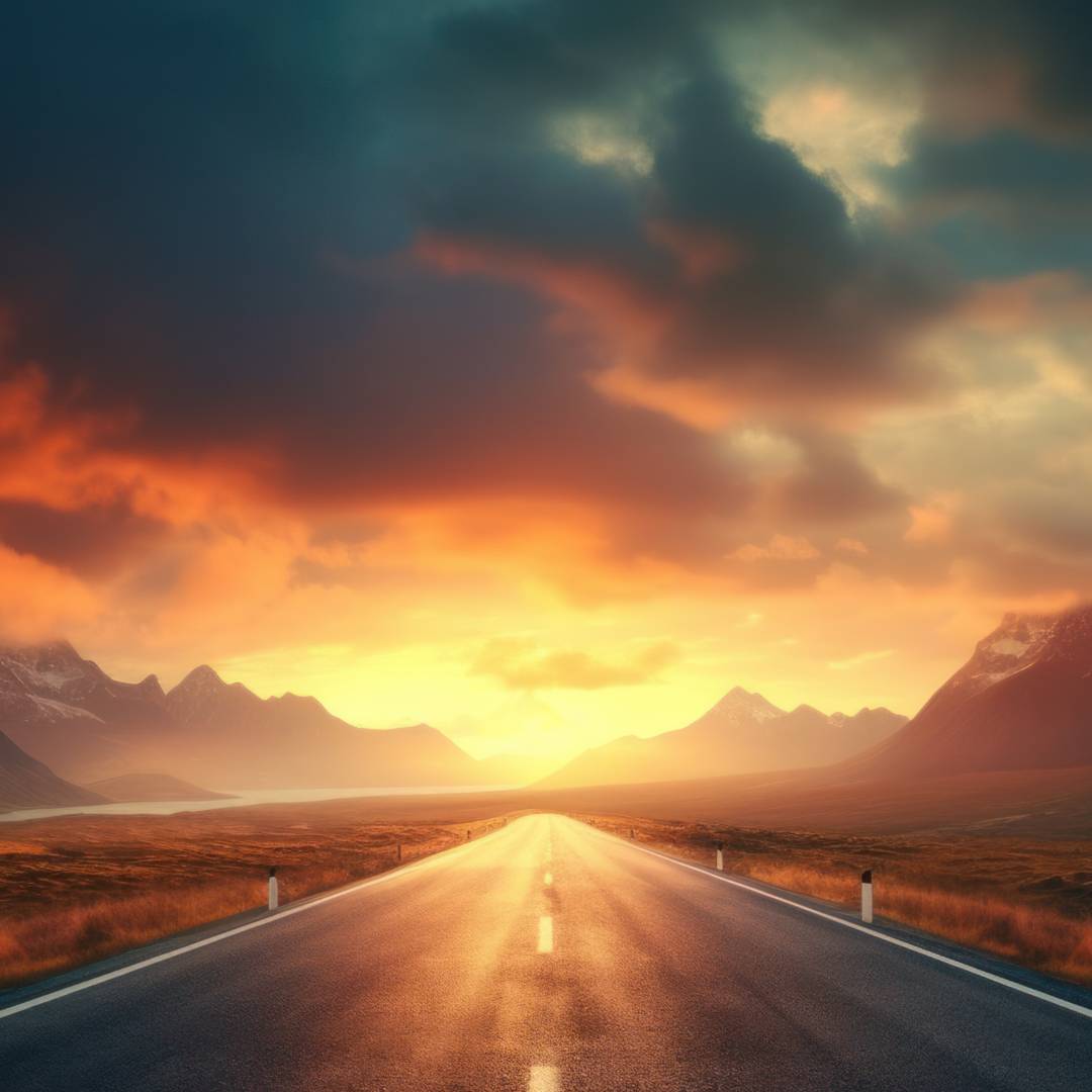 A road streatching endlessly to a horizon with a setting sun.