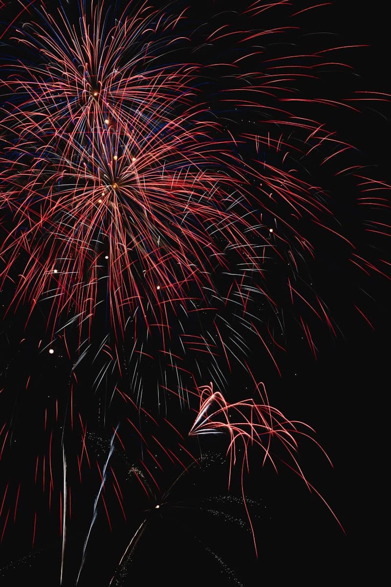 Red and white fireworks explode against a dark night sky.