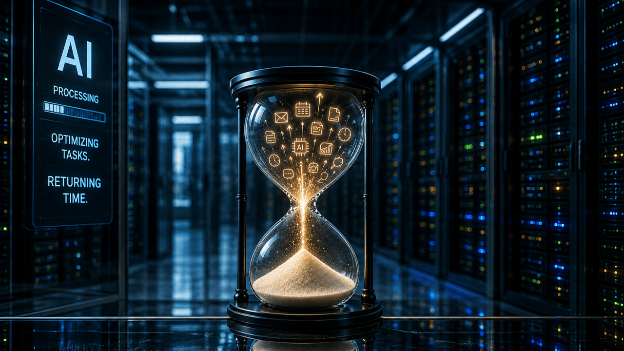 A glowing hourglass sits in the center of a modern AI data center surrounded by server racks. Inside the upper chamber, illuminated icons representing email, calendars, documents, analytics, communication, and artificial intelligence flow downward into th