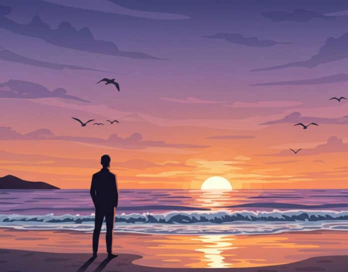A man standing on a beach while the sun sets or rises. 