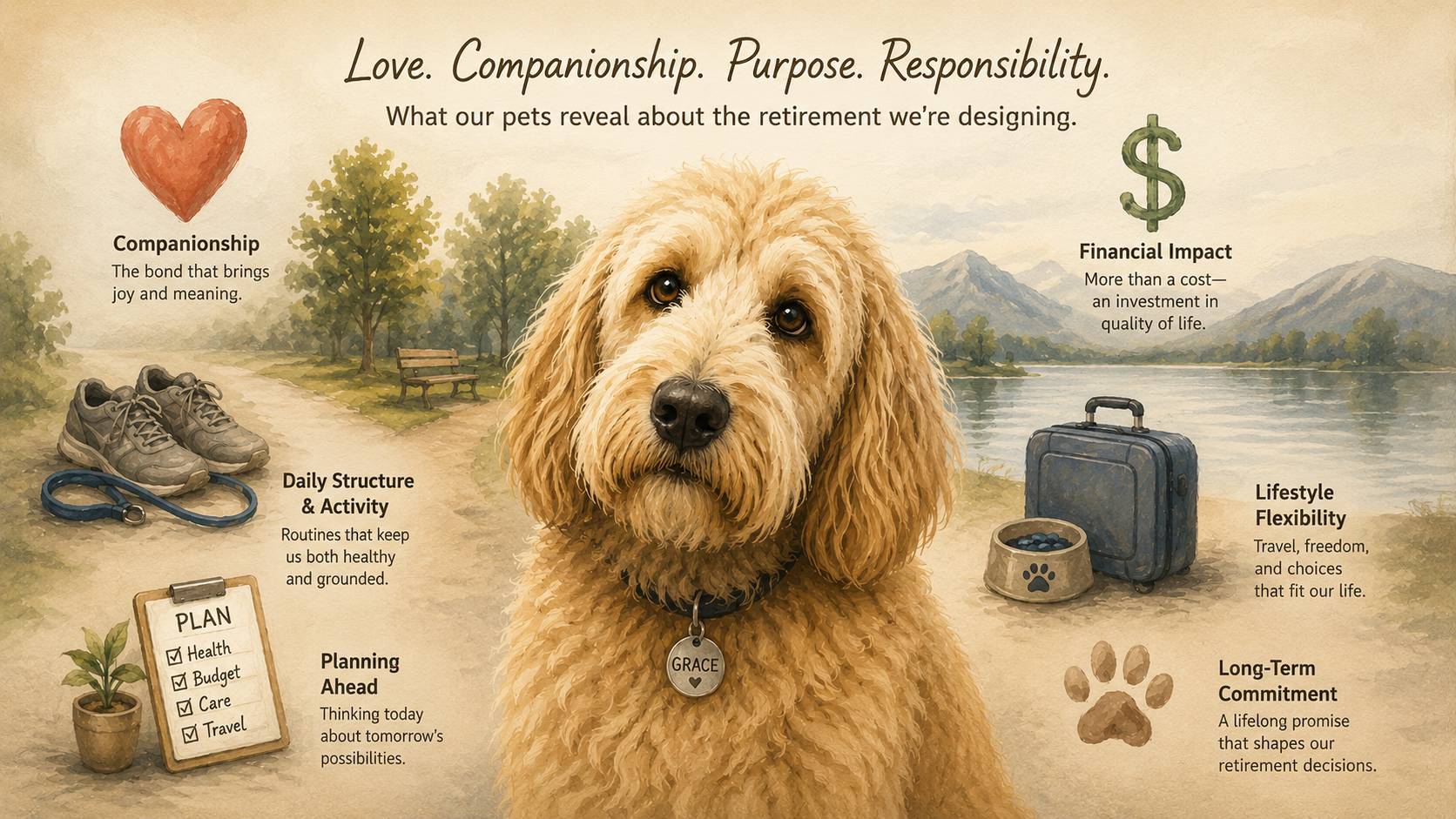 Golden doodle surrounded by retirement lifestyle themes including companionship, purpose, daily routines, financial planning, travel flexibility, and long-term commitment, illustrating how pets shape retirement lifestyle planning.