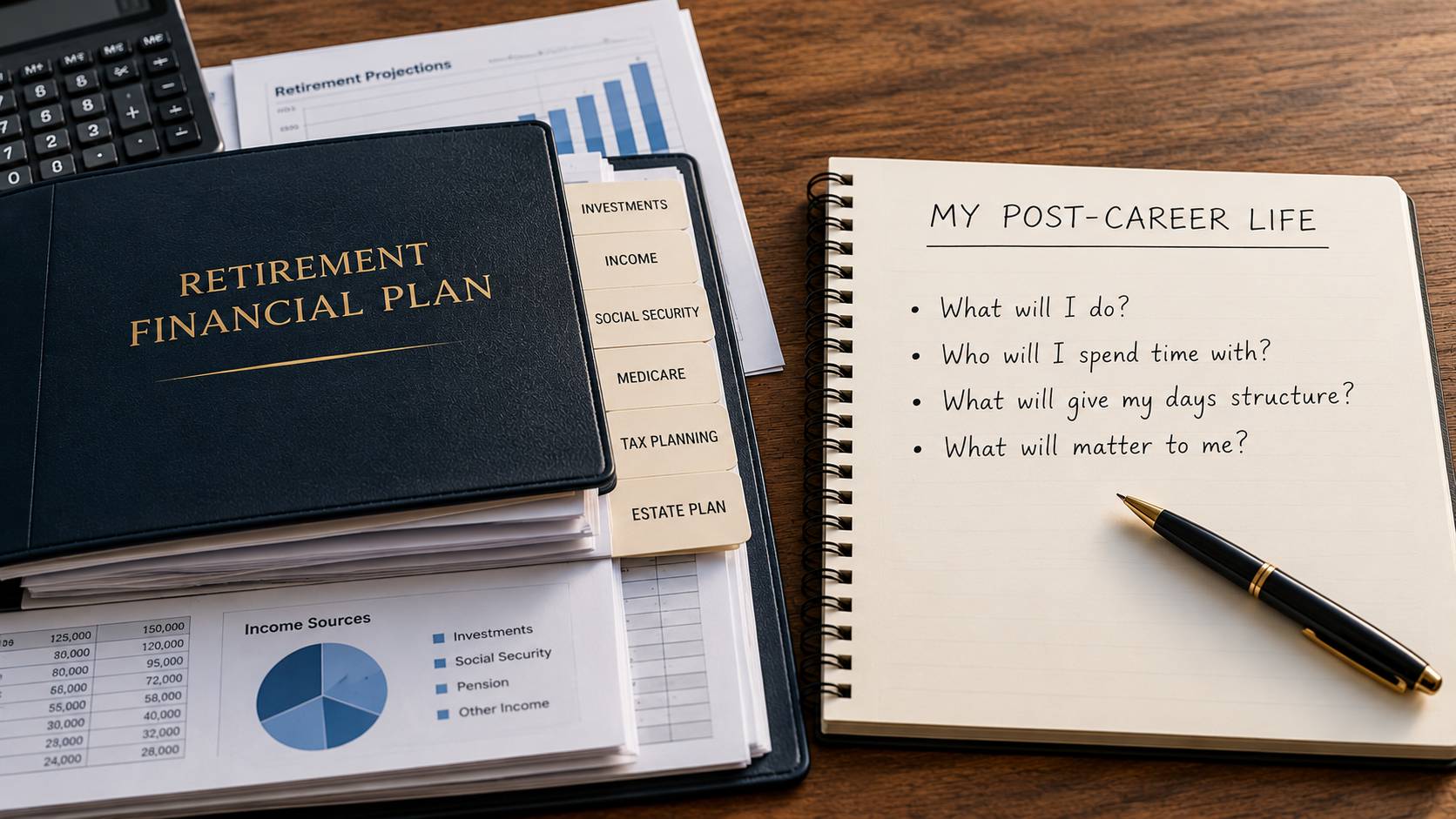 Retirement financial plan beside an open notebook listing questions about purpose, relationships, structure and priorities for post-career life.