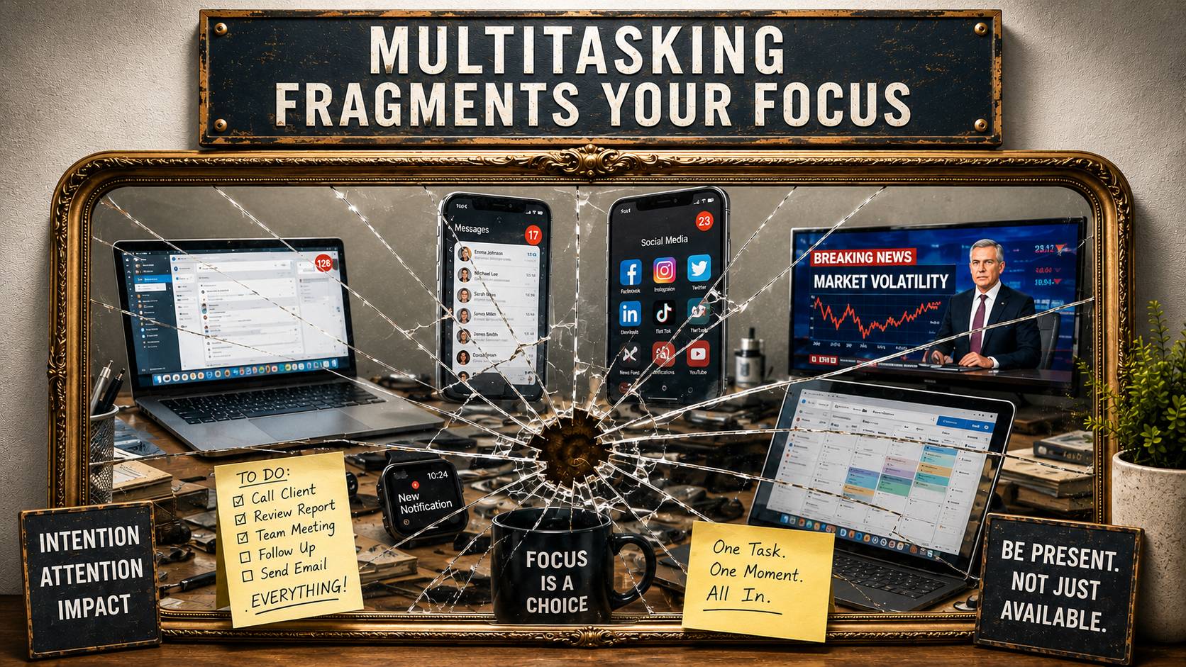 An ornate cracked mirror reflects a cluttered workspace filled with laptops, smartphones, social media, email, notifications, news, and a crowded calendar, illustrating how multitasking and context switching fragment focus.