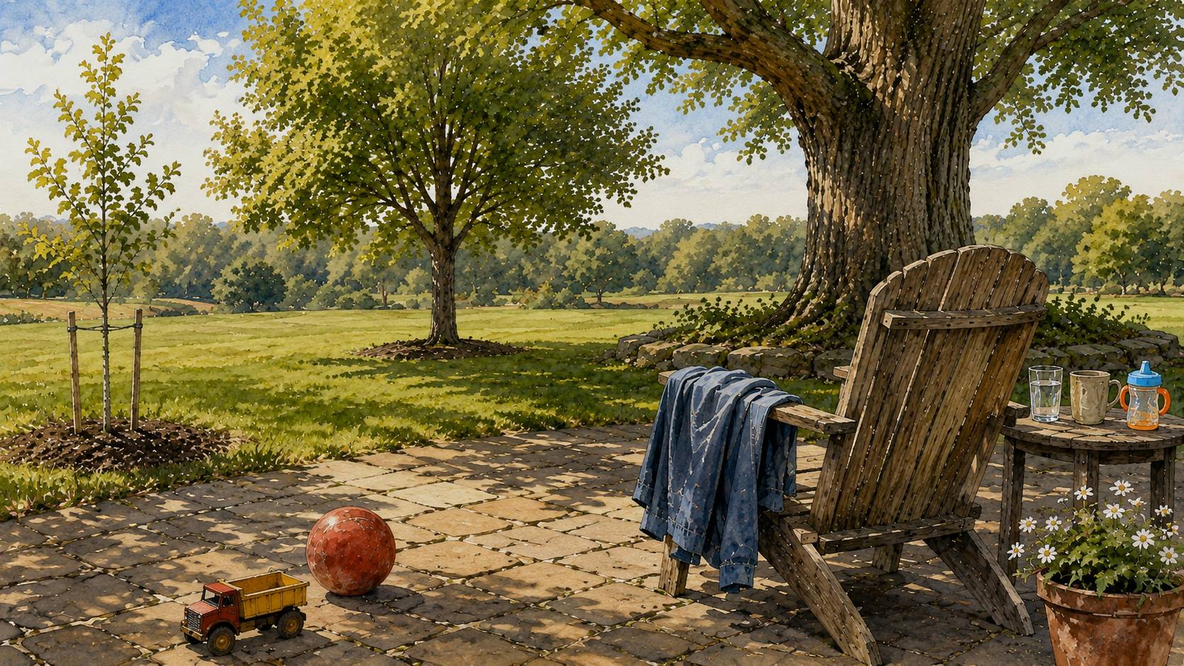 Watercolor illustration of three trees at different stages of growth beside a stone patio, with a child’s toy truck and ball, an adult jacket, and three drinking cups representing generations and the passage of time.