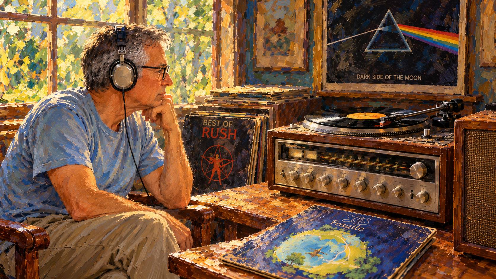 Monet-inspired impressionist painting of David Buck wearing vintage headphones and listening to vinyl records, surrounded by classic rock albums and a turntable, illustrating the importance of choosing meaningful activities and purpose in retirement.