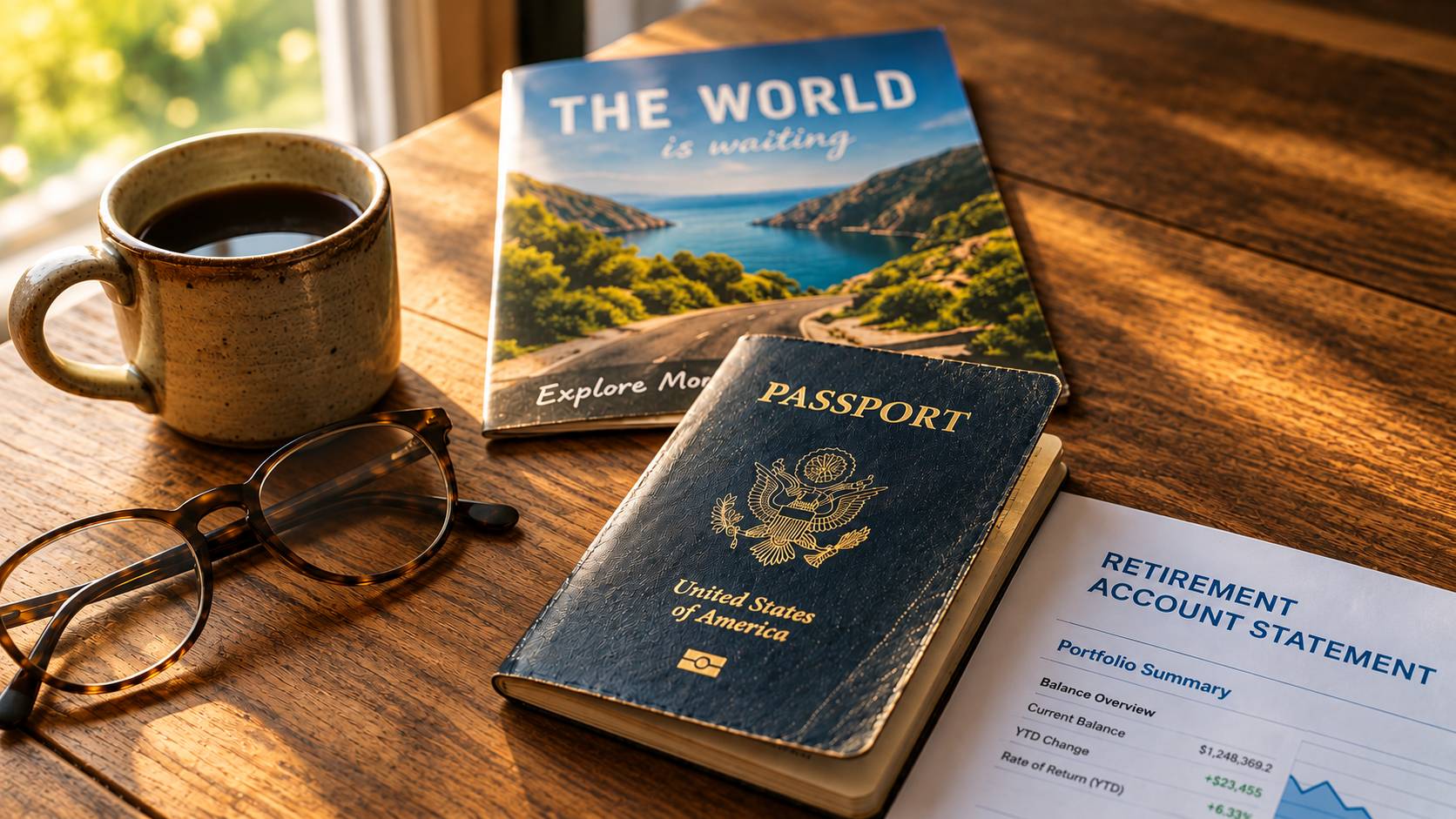 Passport, travel brochure, coffee and retirement account statement representing financial planning for retirement lifestyle goals