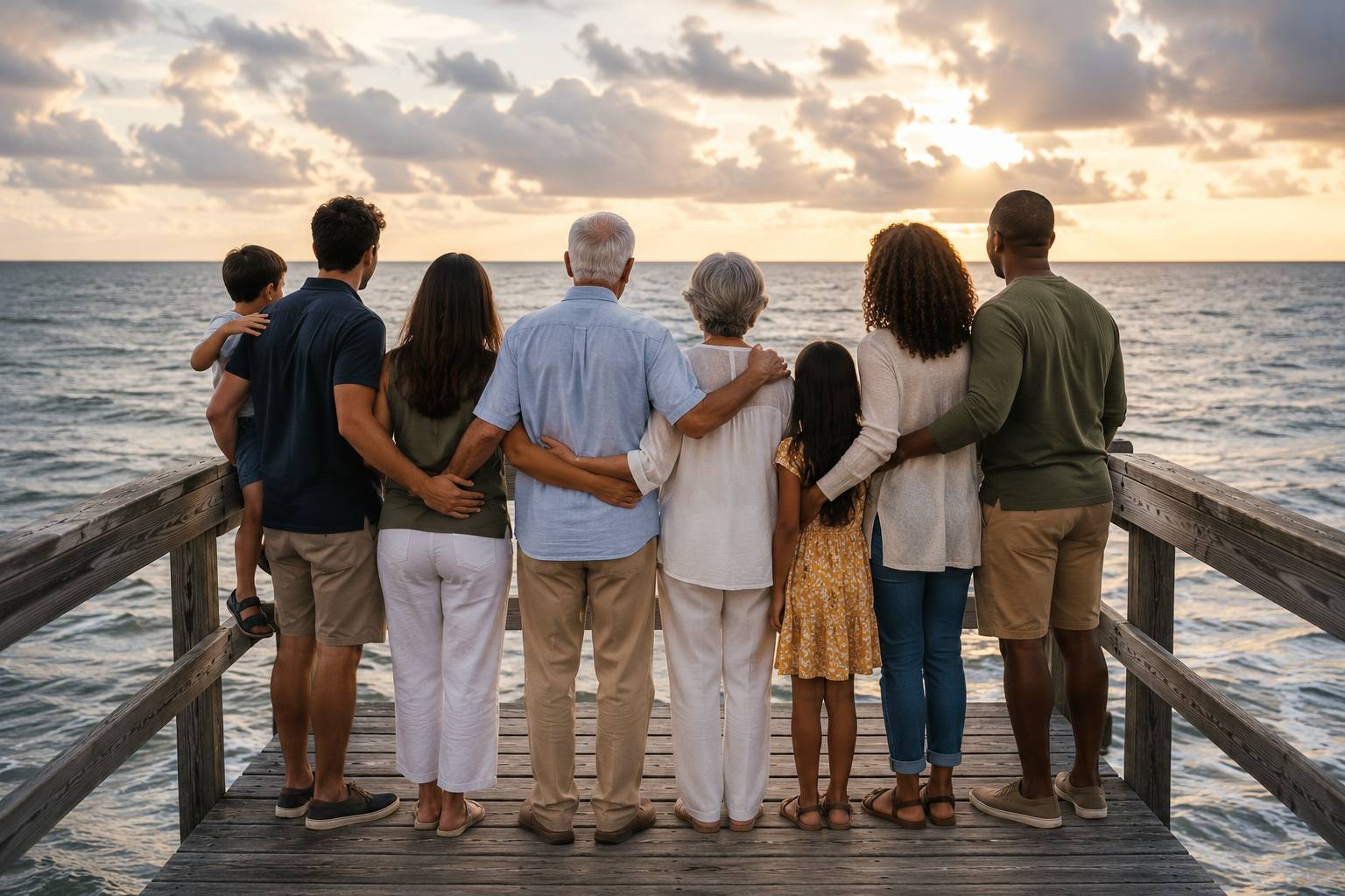 Three generations of a family standing together on a wooden pier overlooking the ocean, symbolizing family connections, shared expectations, and the evolving role of family in retirement planning.