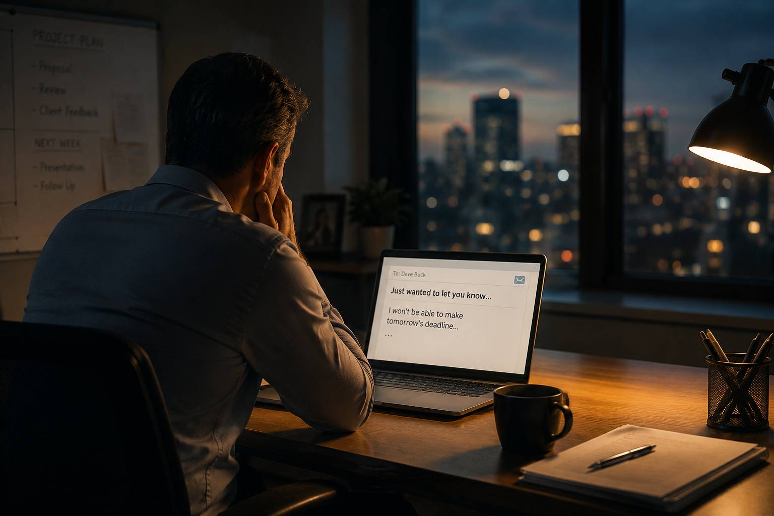A professional sits alone in an office at night, looking at a laptop displaying an email about a missed deadline, illustrating accountability and honoring commitments.