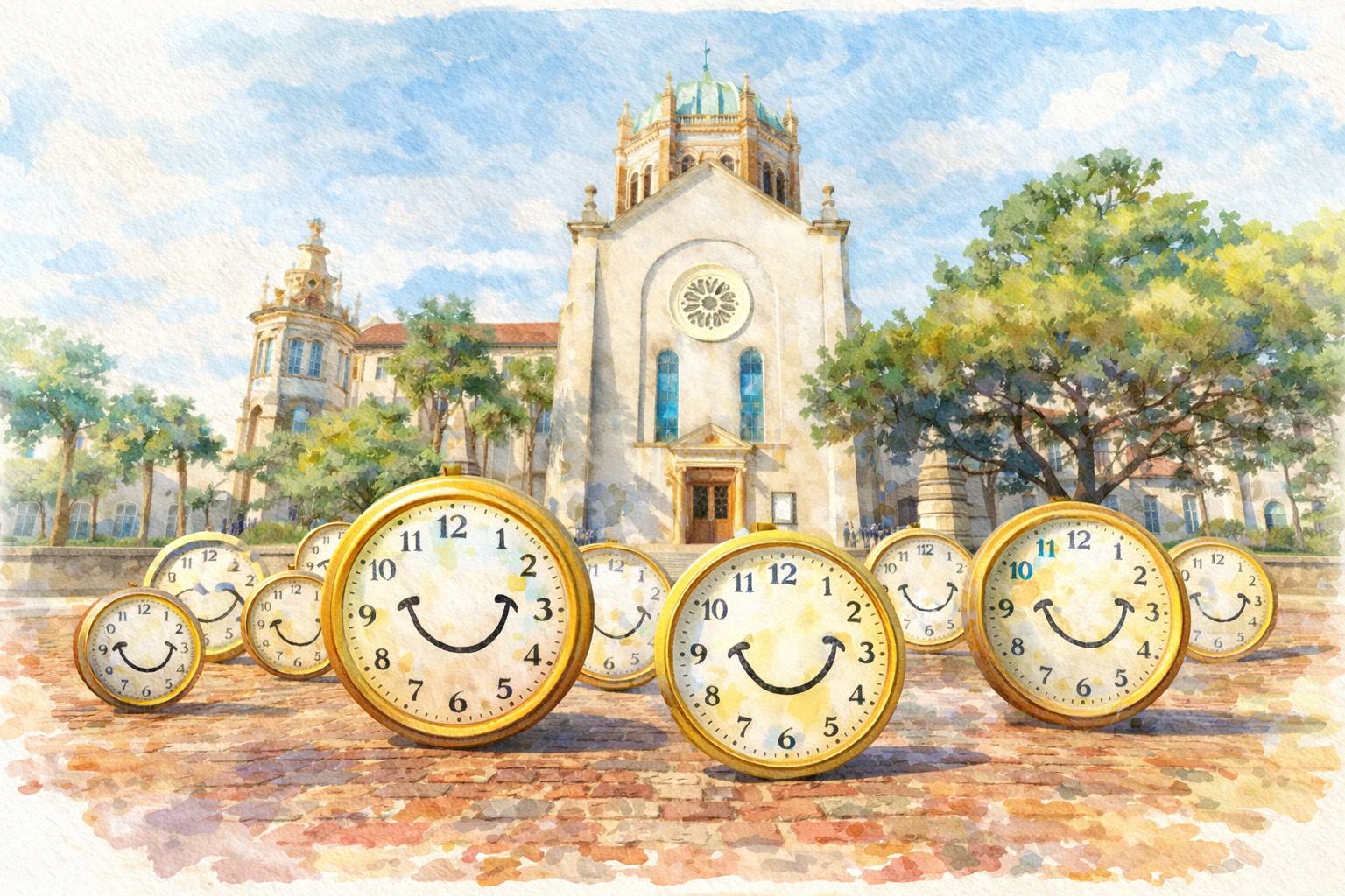 Watercolor illustration of smiling clocks in front of a church representing how positive interactions improve the experience of time.