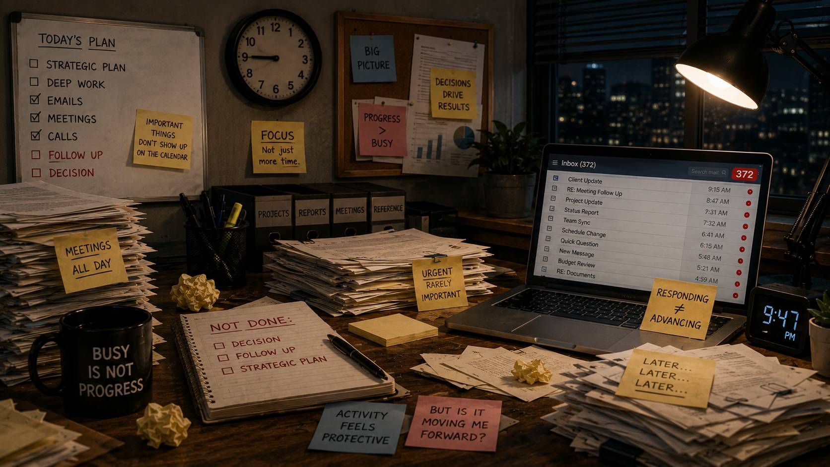 Messy office desk filled with emails, notes, calendars and unfinished tasks, illustrating the difference between being busy and making meaningful progress.
