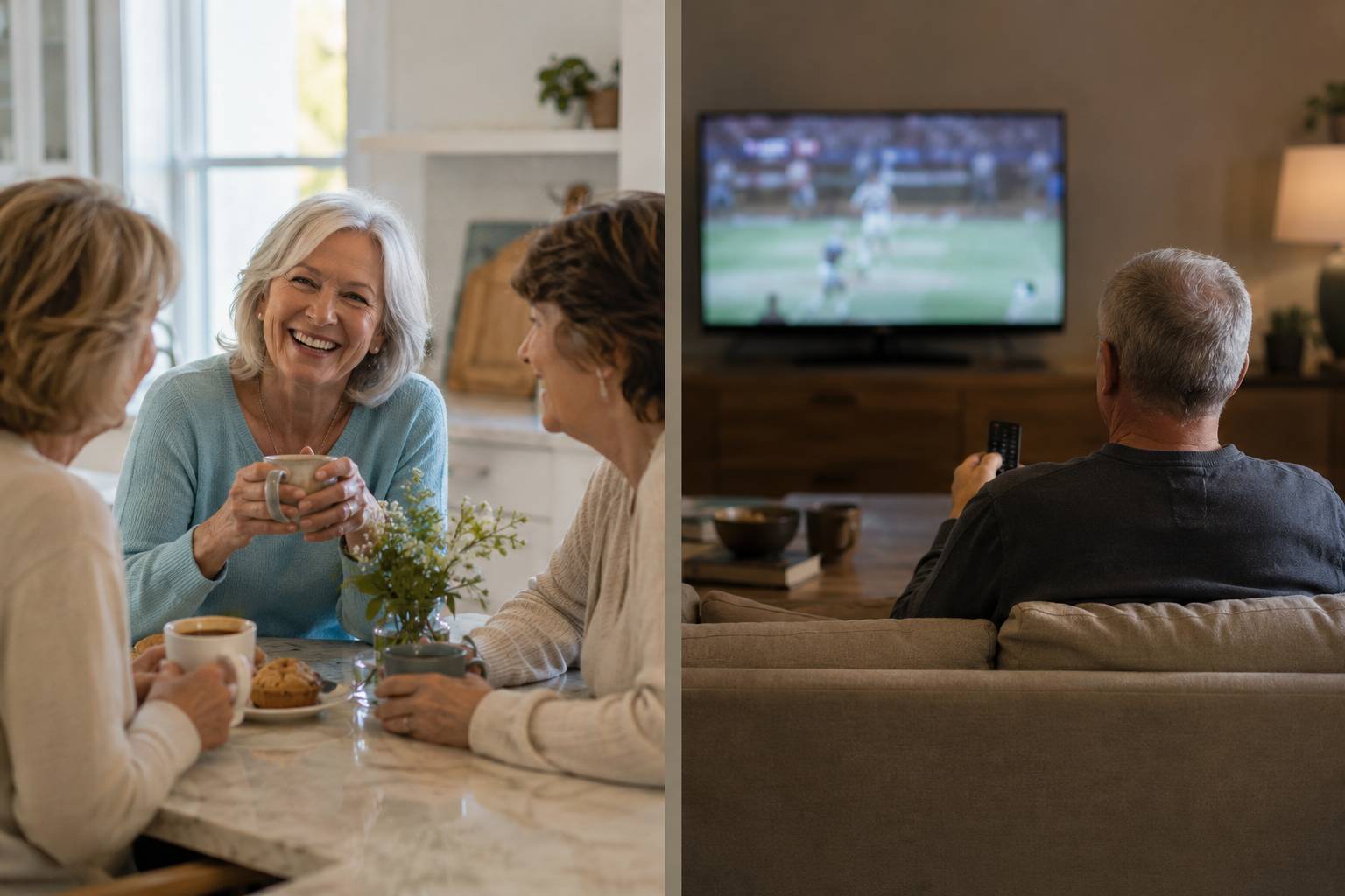 Retired couple experiencing retirement differently as one spouse enjoys time with friends while the other watches television alone.