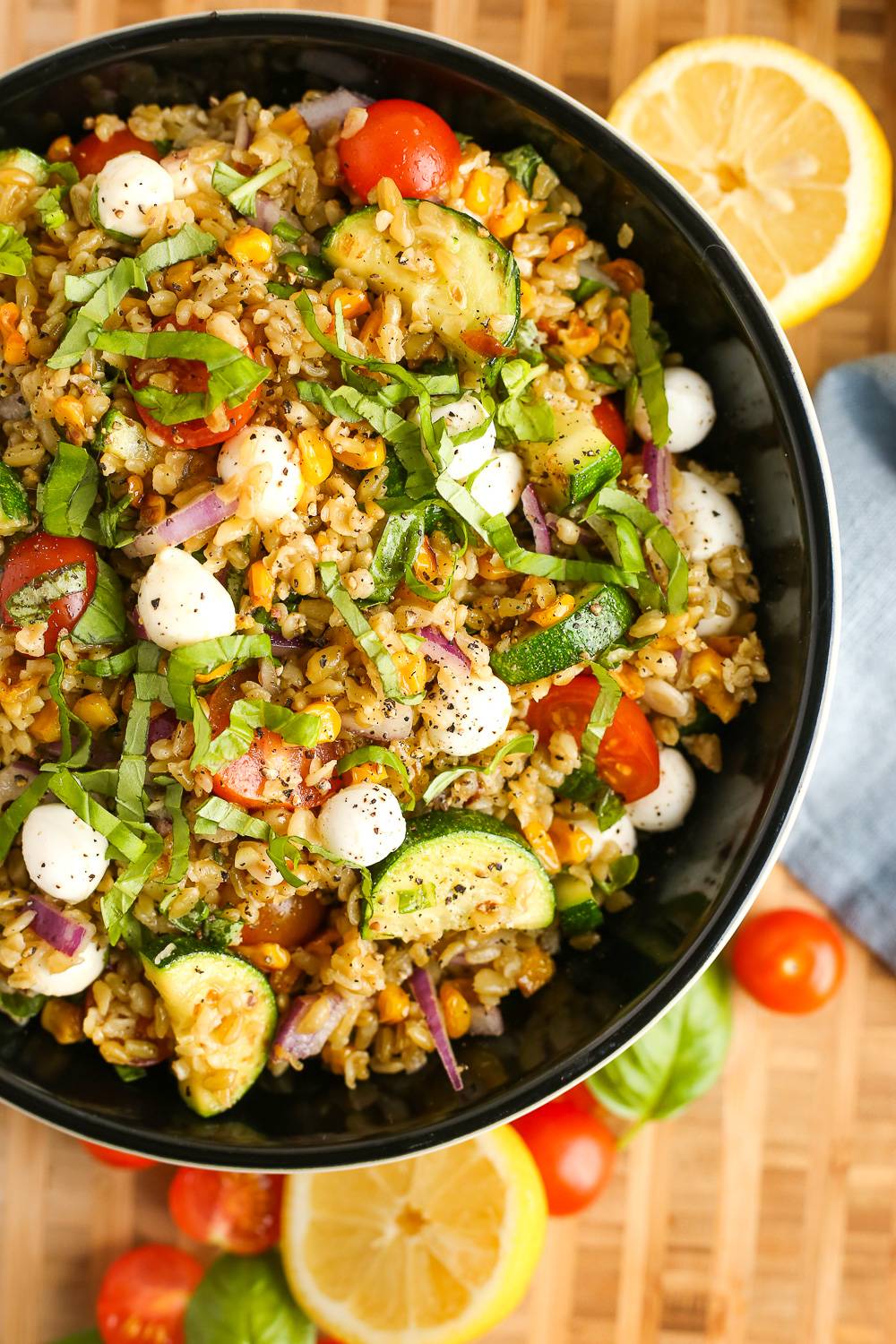 Freekeh Salad with Tomatoes, Corn, Zucchini, and Basil