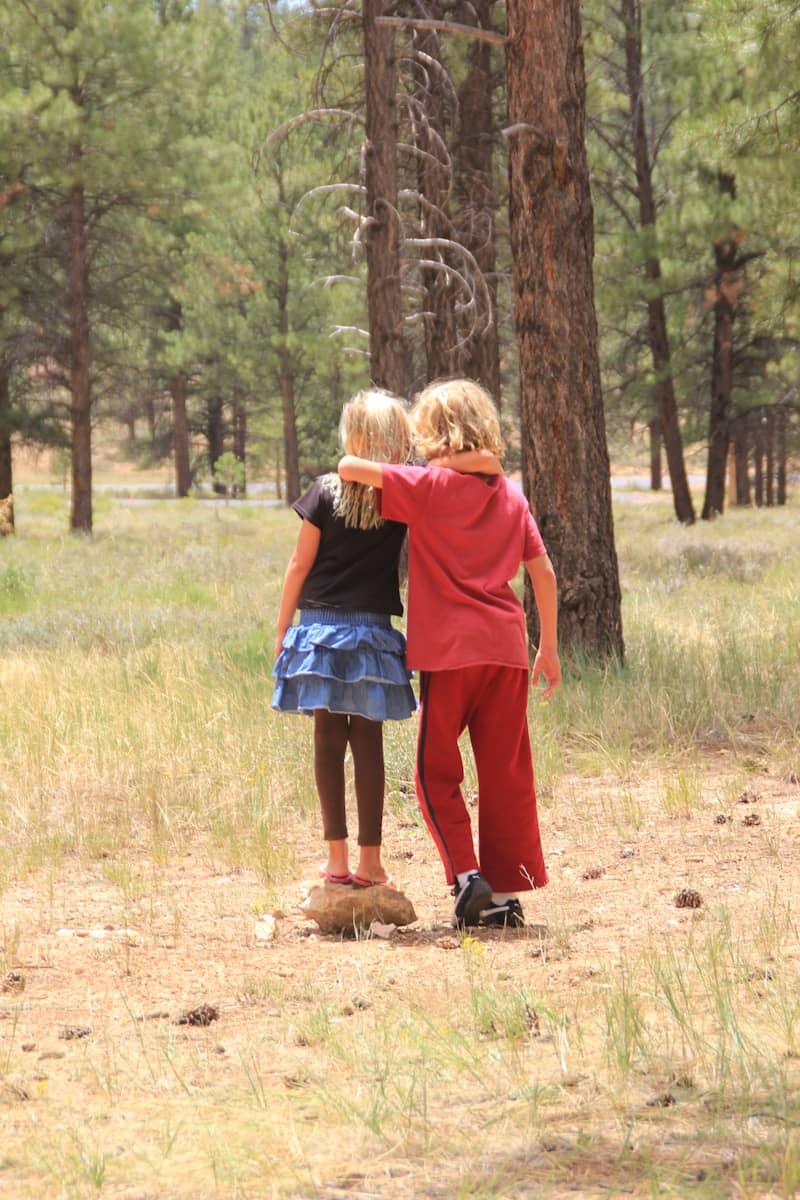 A child in a blue dress standing outdoors next to a child in a red outfit.