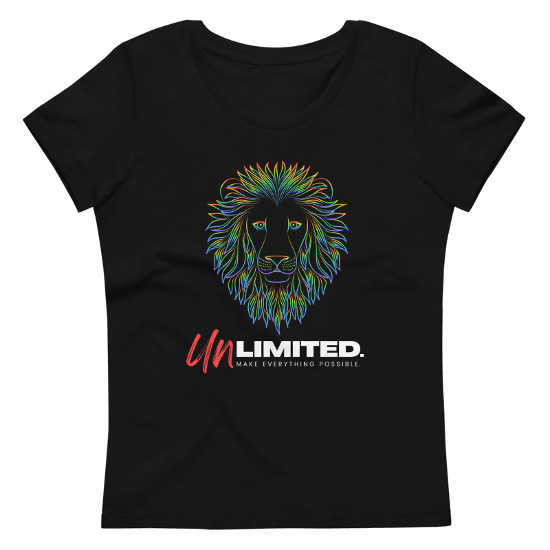 A black t-shirt with a rainbow-colored outline of a lion. The shirt reads, "Unlimited. Make everything possible."