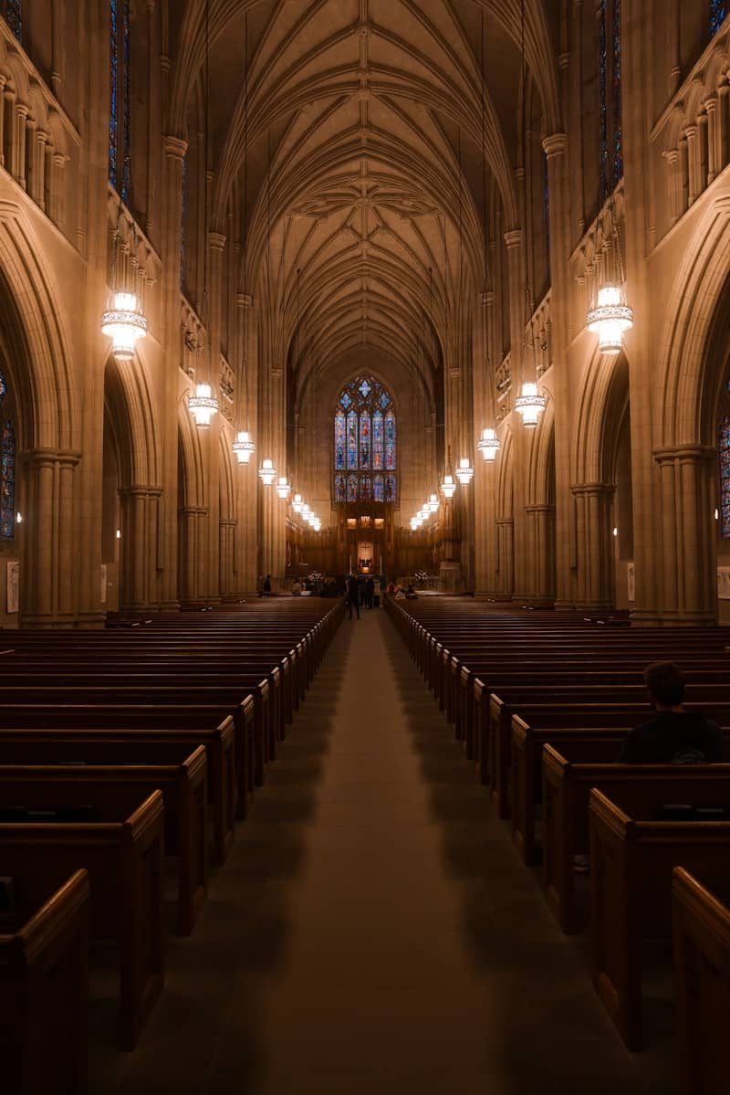 A large cathedral with rows of pews and lights