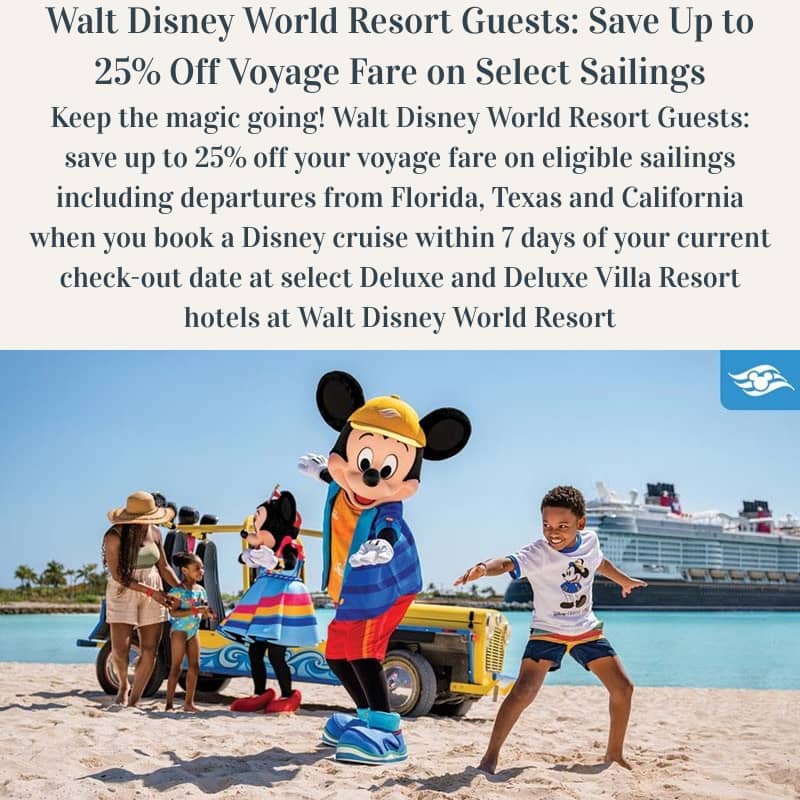 Mickey Mouse surfing on land with a boy in front of a Disney Cruise ship