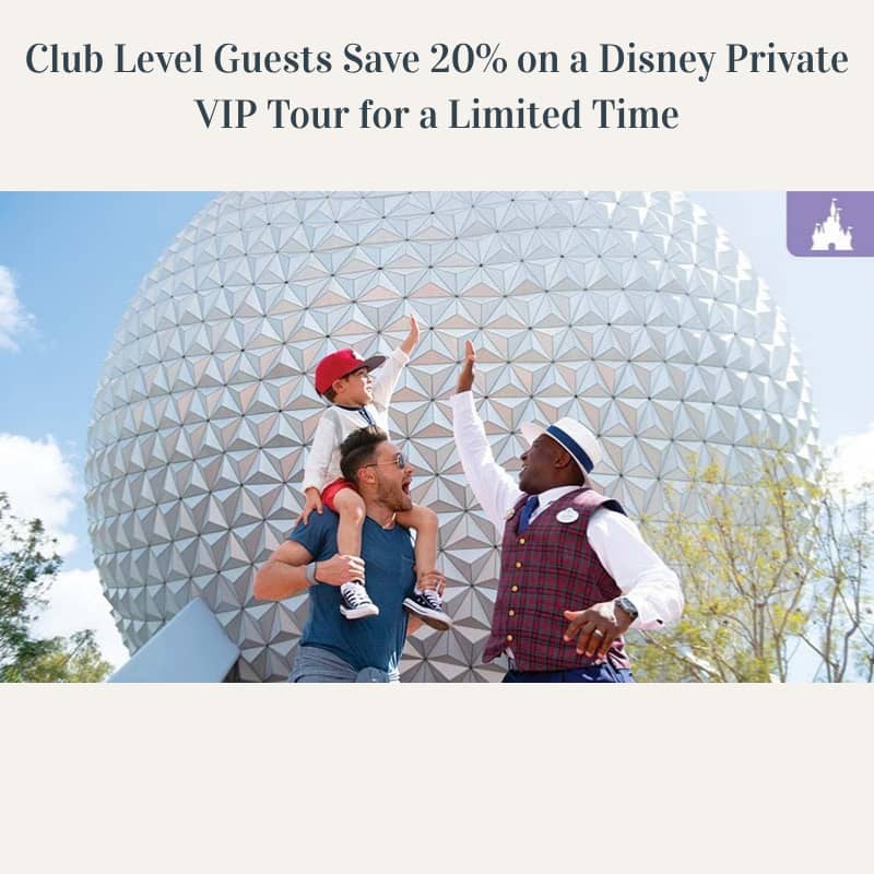Plaid VIP Disney Tour guide high fiving a little boy on his fathers shoulders with Epcot in the background