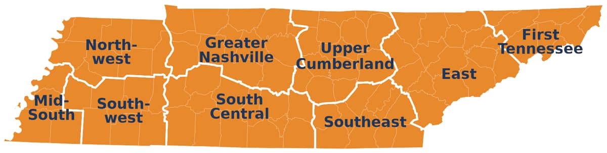 Map of Tennessee's 9 development districts, all shaded orange to show local grant coverage