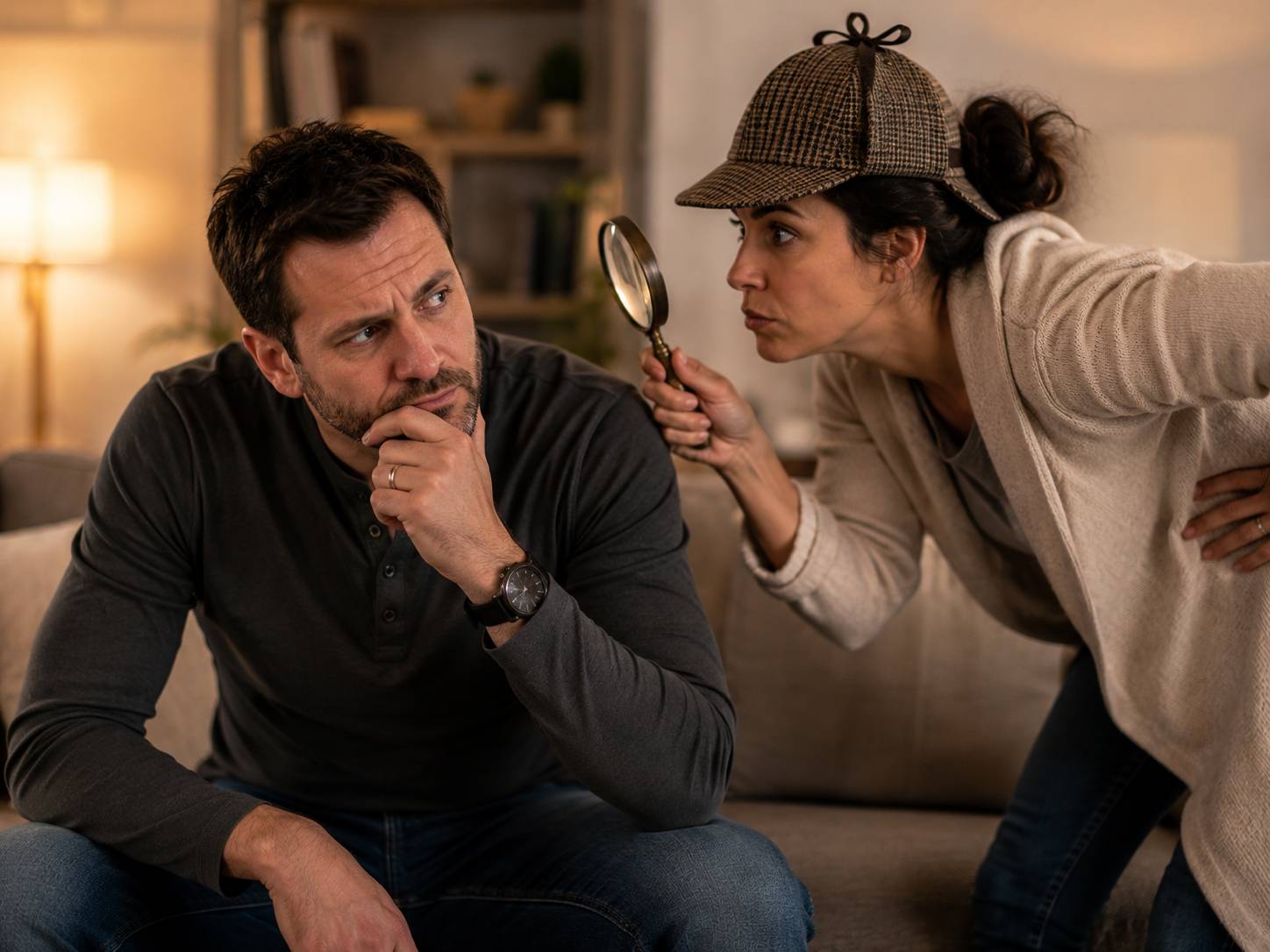 A playful but emotionally symbolic scene of a woman dressed like a detective leaning in with a magnifying glass to inspect a thoughtful, slightly uncomfortable man sitting on a couch, representing suspicion, hypervigilance, and relationship interrogation 