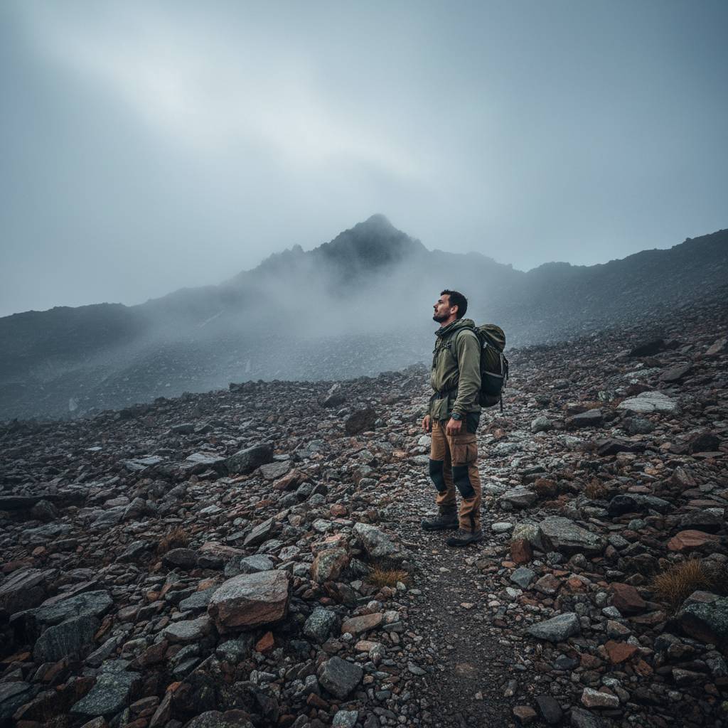 A man pauses mid-climb on a rocky mountain trail, looking toward a summit still out of reach.