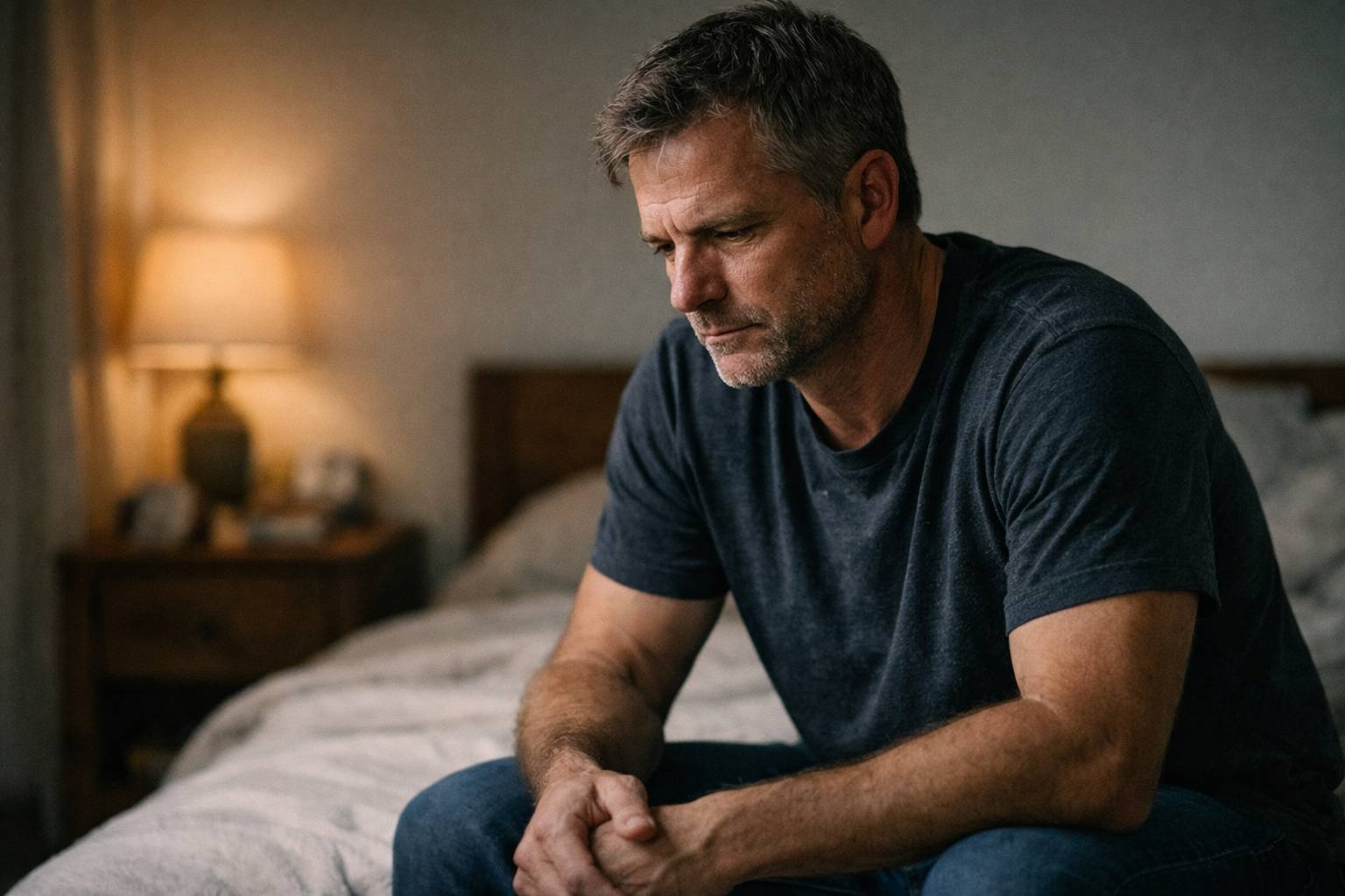 Man sitting on a bed looking pensive and stressed, reflecting on emotions, relationships, and personal challenges.