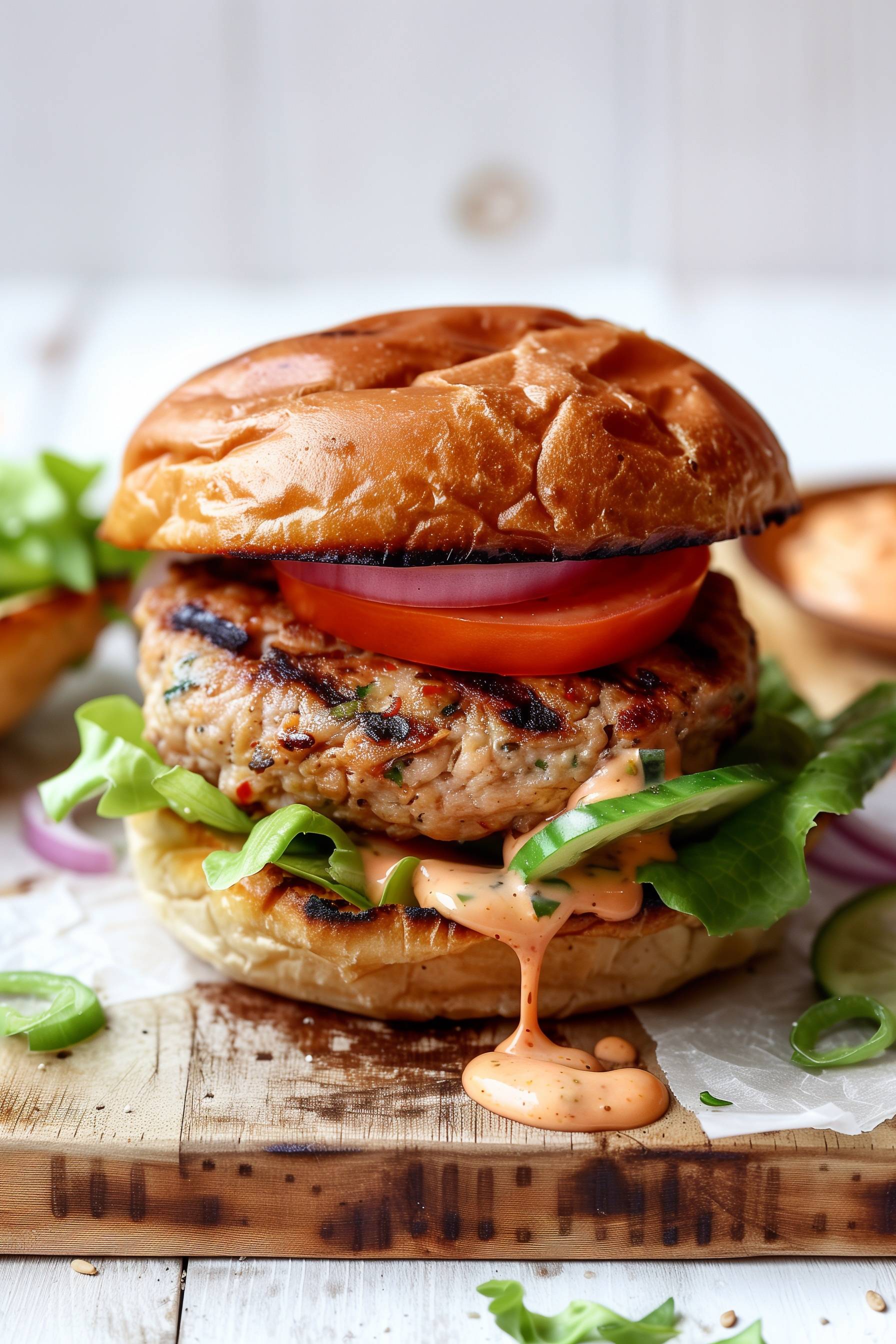 Close-up of an Asian turkey burger on a toasted brioche bun with lettuce, tomato, red onion, and sriracha lime mayo dripping down the side.